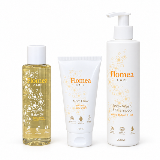 Familie Verzorgingsset | Blossom Care | Body Wash & Shampoo + Babyolie + Mom Glow | Mama, Baby & Kids